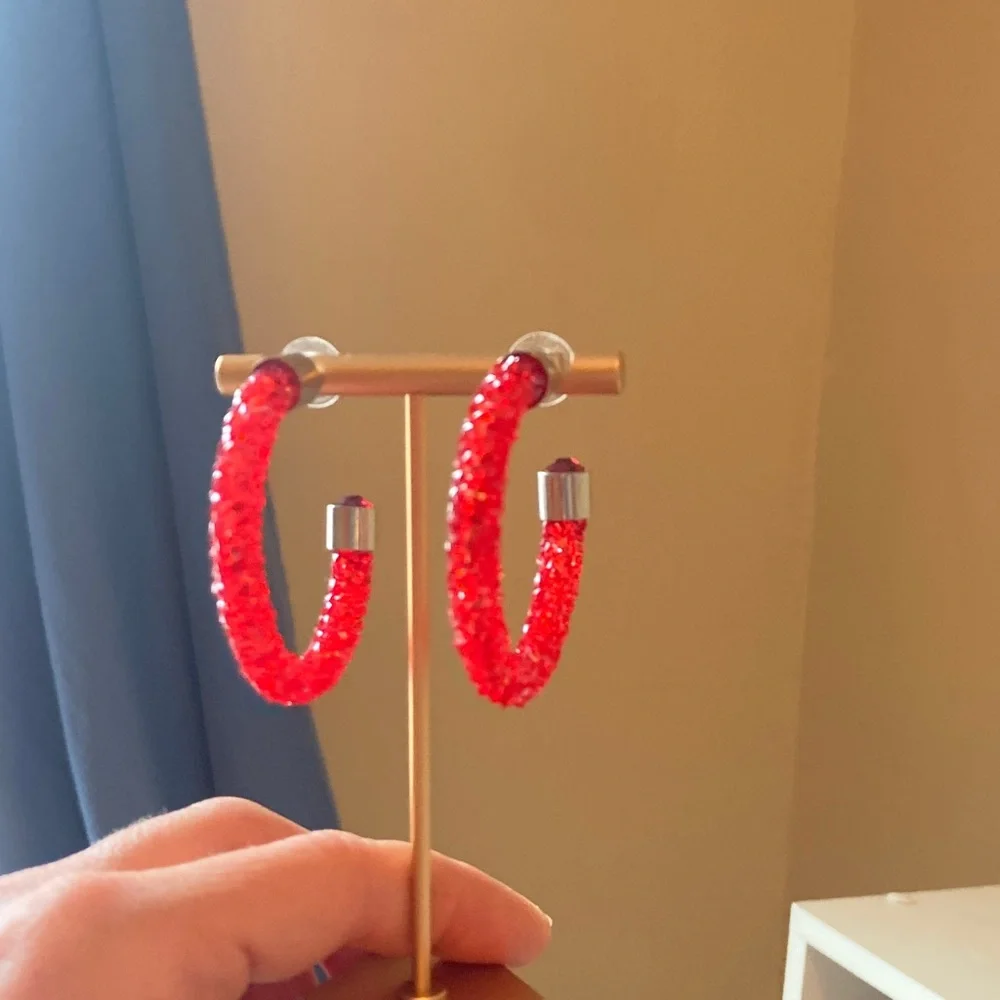 Red Crystal Textured Hoop Earrings - Picture 9 of 9
